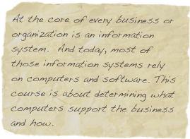 At the core of every business or organization is an information system.  And today, most of those information systems rely on computers and software. This course is about determining what computers support the business and how.